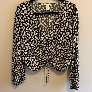 H&M Black Floral Blouse with White Accents
